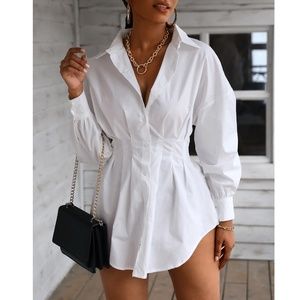 White Waist Fitted Drop Shoulder Buttoned Shirt